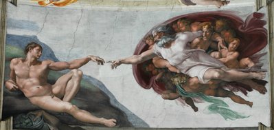 A Criao de Ado  um afresco de 280 cm x 570 cm, pintado por Michelangelo Buonarotti, por volta de 1511, que figura no teto da Capela Sistina. A cena representa um episdio do Livro do Gnesis, no qual Deus cria o primeiro homem: Ado.
<br><br>
Palavras-chave: criao, Michelangelo, Ado, bblia, Capela Sistina, Livro do Gnesis.
