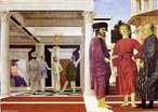 A Flagelao de Cristo (provavelmente 1455-1460)  uma pintura de Piero della Francesca, que fica na Galleria Nazionale delle Marche, em Urbino, Itlia. A composio  complexa e incomum, e sua iconografia tem sido objeto de grande diversidade de teorias. O tema do quadro  a flagelao de Cristo pelos romanos durante sua Paixo. O evento bblico tem lugar em uma galeria aberta na distncia prxima, enquanto trs figuras em primeiro plano, no lado direito, aparentemente, no do ateno para o desdobramento de eventos por trs deles. O painel  muito admirado por seu uso da perspectiva linear e o ar de tranquilidade que permeia o trabalho. A Flagelao  particularmente admirada pela unidade matemtica da composio e pela capacidade de Piero para retratar a distncia entre a cena da flagelao e os trs personagens do primeiro plano de forma realista atravs da perspectiva. O retrato do homem barbudo  esquerda foi considerado excepcionalmente intenso durante o tempo de Piero. <br> <br> Palavras-chave: Cristo, flagelao, evangelho, sagrado, crucificao, paixo, Piero della Francesca, texto sagrado.