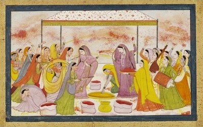 Radha celebrating Holi, c1788. Kangra, India. Victoria Albert Museum.  Na ndia, entre fevereiro e maro, a chegada da primavera  recebida com uma festa multicolorida e um ritual religioso hinduista da celebrao da vitria entre o bem e o mal. . E  o nico dia em que todas as castas podem se juntar. <br><br>
Palavras-chave: ndia, primavera, festa, ritual, religioso, hinduista, cores, tradio, Lahtmar Holi, Festival das Cores, castas