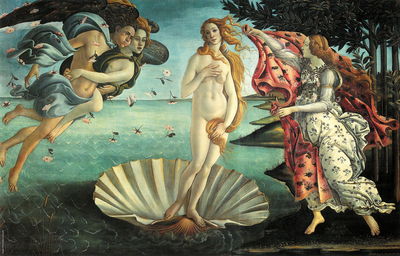 
O Nascimento de Vnus, de Botticelli (14851486, tmpera sobre tela, Uffizi, Florena)  uma Vnus Pudica revivida para um novo ponto de vista da antiguidade pag: muitos a compreendem como o resumo do esprito renascentista.<br><br>Palavras-chave: Vnus, smbolo sagrado, mitologia